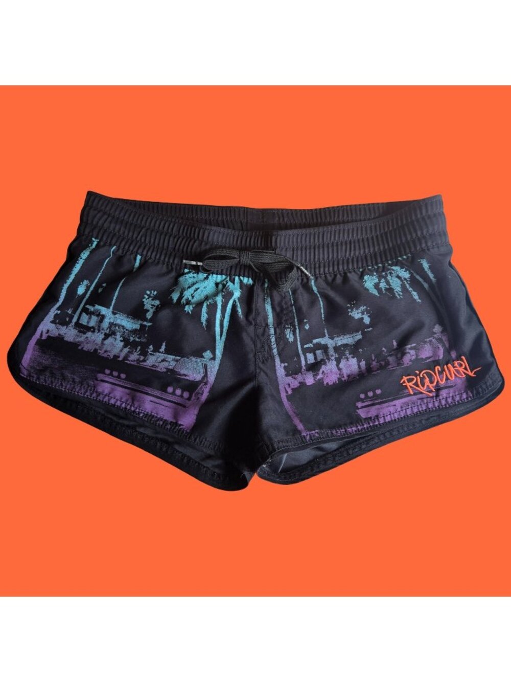 Y2K Rip Curl Micro Mini Board Shorts Size M Low Rise Black Palm Tree Print